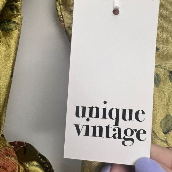 Unique Vintage Chartreuse Red Rose Velvet Wrap Dress - Picture 4 of 12